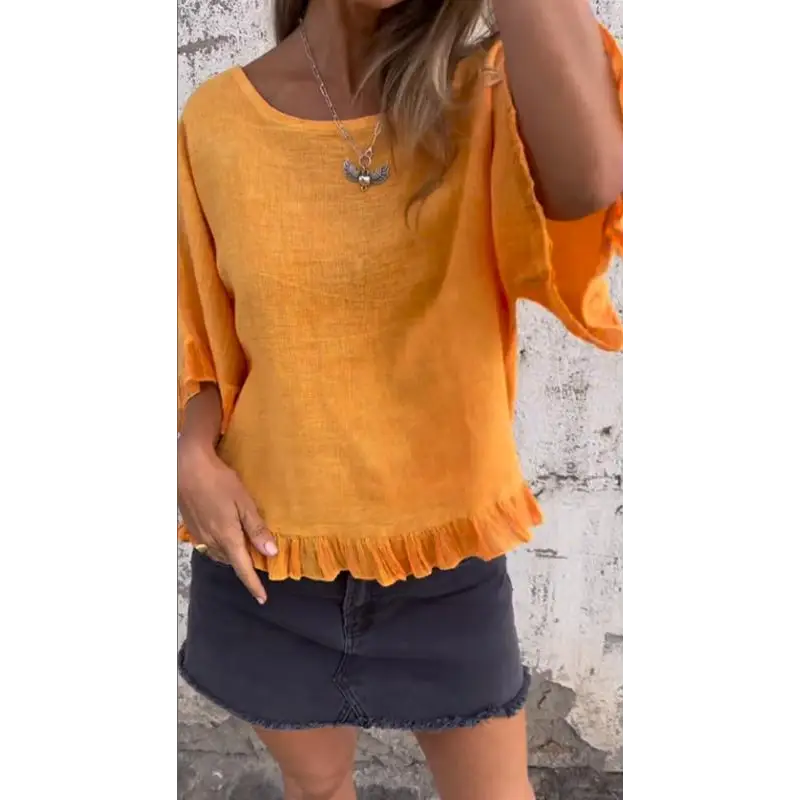 Top de Algodão e Linho com Barra Franzida