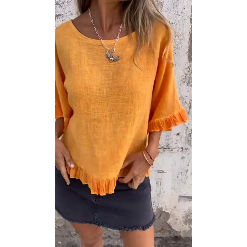 Top de Algodão e Linho com Barra Franzida