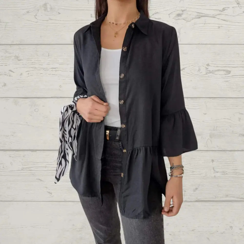 Top Feminino Casual com Gola de Lapela e Manga Flare