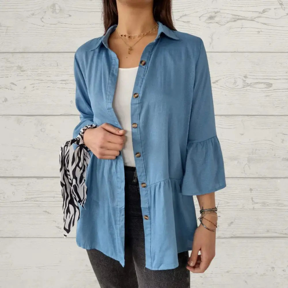 Top Feminino Casual com Gola de Lapela e Manga Flare