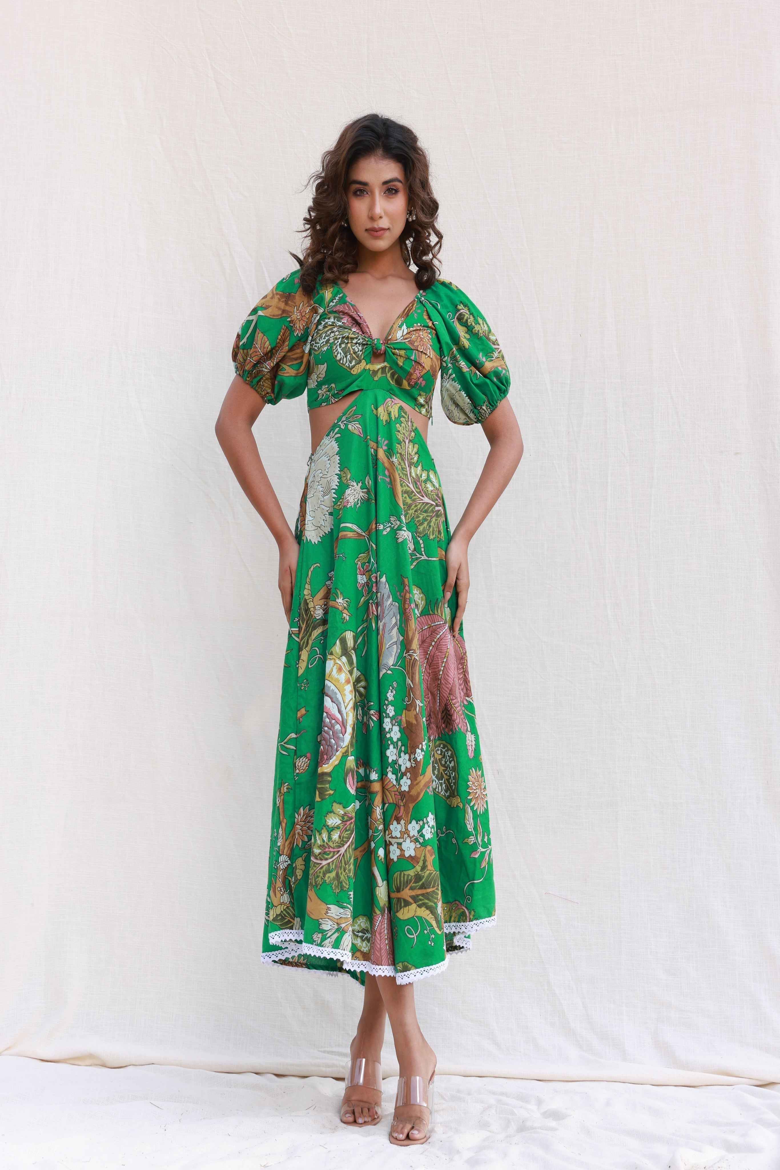 Vestido Longo de Verão com Estampa Floral e Manga Bufante Aurora