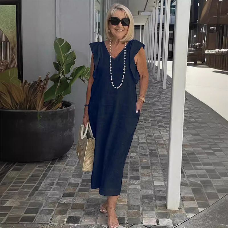 Vestido Midi Elegante de Verão Decote V em Linho Isadora