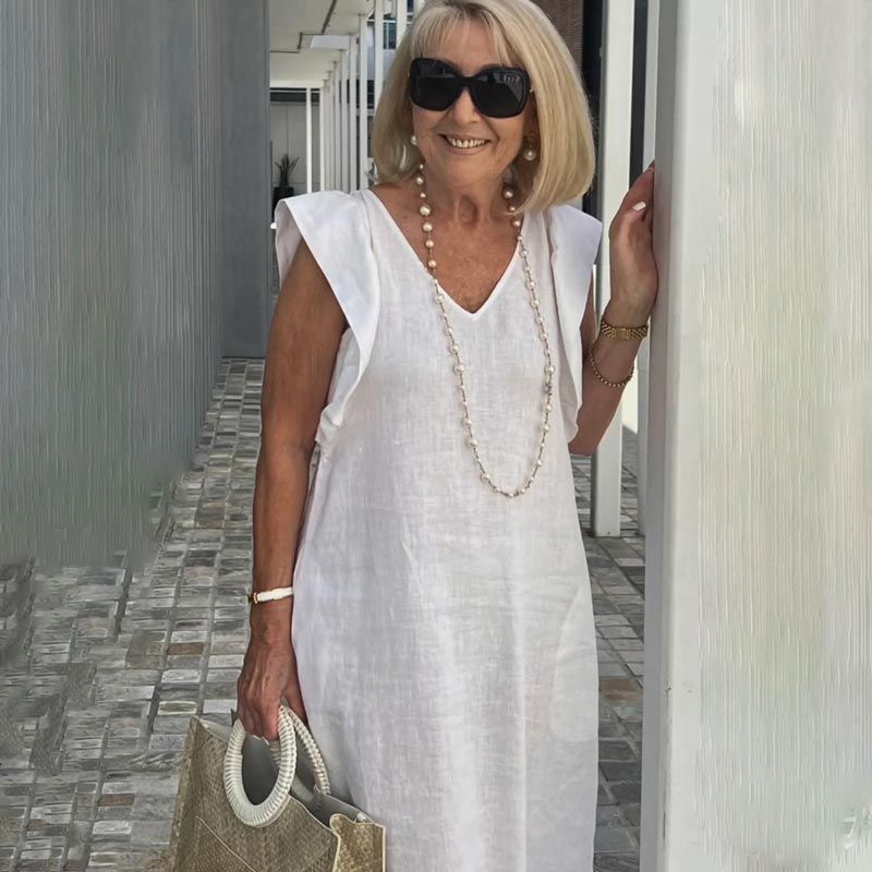 Vestido Midi Elegante de Verão Decote V em Linho Isadora